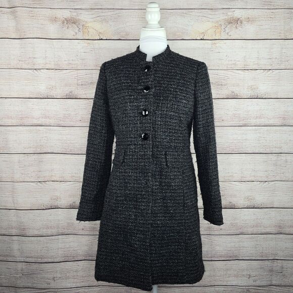Banana Republic Factory Recycled Wool Blend Tweed Long Coat Black Glitter Medium - Picture 1 of 8
